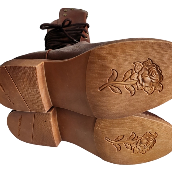 Women Brown Tan Leather Strappy Tie Back Zipper Studded Winter Boot/CN 38/US 7 - Picture 5 of 16